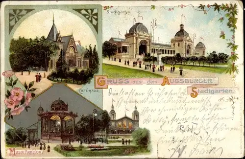 Litho Augsburg in Schwaben, Stadtgarten, Cafehaus, Musikpavillon