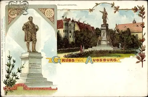 Litho Augsburg in Schwaben, Fugger Denkmal, Kriegerdenkmal