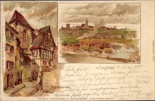 Litho Schmohl, P., Bad Wimpfen am Neckar Kreis Heilbronn, Blick auf Ortschaft und Umgebung