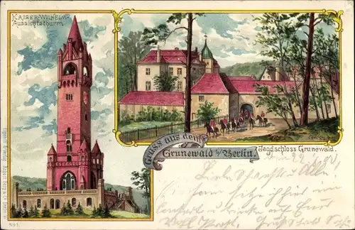 Litho Berlin Grunewald, Jagdschloss Grunewald, Kaiser Wilhelm Aussichtsturm