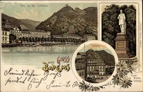 Litho Bad Ems an der Lahn, Kaiser Wilhelm Denkmal, Stadt, Kurhaus