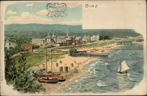 Litho Seebad Binz auf Rügen, Meer, Strand, Seebrücken, Reklamestempel A. Stukenbrok