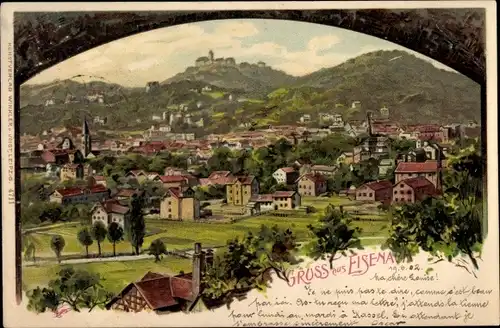 Künstler Litho Lutherstadt Eisenach in Thüringen, Stadtpanorama, Glockenturm