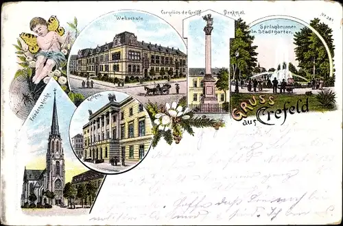 Litho Krefeld am Niederrhein webbschule Cornelius de Greiff Denkmal Springbrunnen Friedenskirche