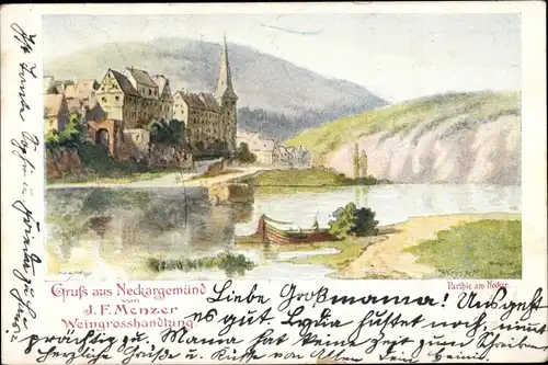 Künstler Ak Weysser, Karl, Neckargemünd am Neckar, Partie am Neckar, Reklame Weinhandlung