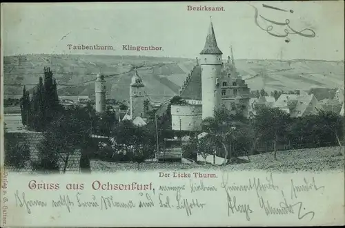 Ak Ochsenfurt am Main Unterfranken, Bezirksamt, Klingentor, Taubenturm, Dicke Turm