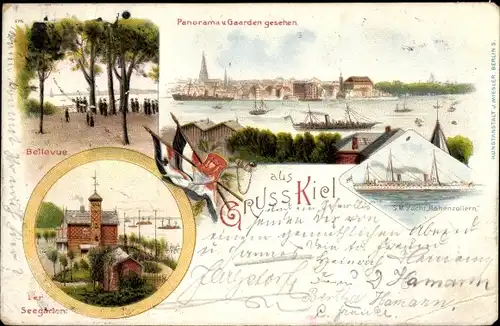 Litho Kiel in Schleswig Holstein, Deutsches Kriegsschiff, SM Yacht Hohenzollern, Seegarten, Bellevue