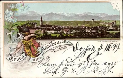 Passepartout Ak Kaufbeuren am Wertach, Blick auf den Ort, Engel, Wappen