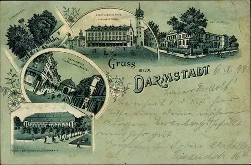 Litho Darmstadt in Hessen, Ludwigshöhe, Ludwigsturm, katholische Kirche, Orangerie