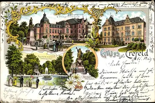Litho Krefeld am Niederrhein, Rathaus, Bismarckdenkmal, Tiergarten