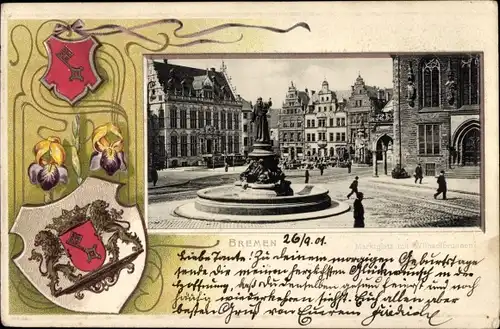 Präge Wappen Passepartout Ak Hansestadt Bremen, Marktplatz, Wilhadibrunnen