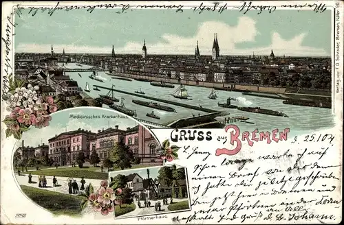 Litho Hansestadt Bremen, Gesamtansicht, Krankenhaus, Pförtnerhaus