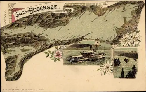 Landkarten Litho Bodensee mit Umgebung, Dampfer, Wasserfall