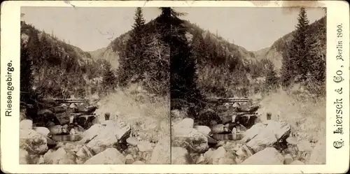 Stereo Foto Riesengebirge Schlesien, Landschaft, Berge, Flusspartie