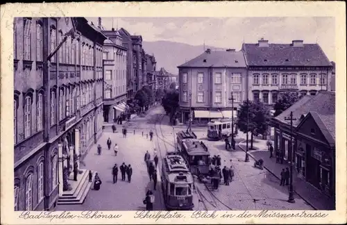 Ak Teplice Teplitz Schönau Region Aussig, Schulplatz, Meissnerstraße, Straßenbahnen