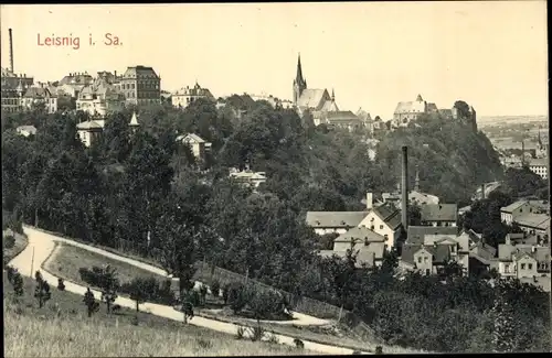 Ak Leisnig in Sachsen, Totalansicht vom Ort, Berg und Kirche