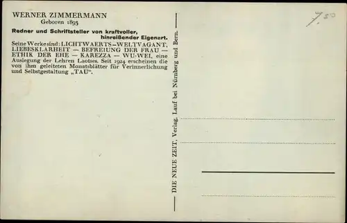 Ak Werner Zimmermann, Redner und Schriftsteller, Profilansicht