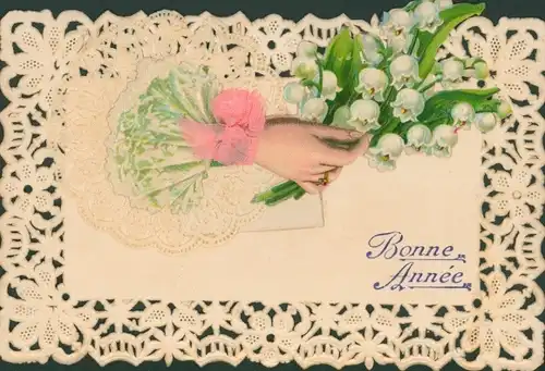 Stoff Ak Glückwunsch Neujahr, Weibliche Hand, Maiglöckchen