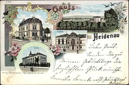 Litho Heidenau in Sachsen, Schule, Gasthof, Geschäftshaus, Gesamtansicht