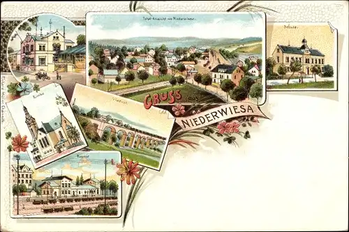 Litho Niederwiesa Sachsen, Kirche, Viadukt, Bahnhof, Panorama, Schule