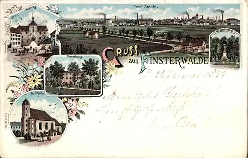 Litho Finsterwalde in der Niederlausitz, Schloss, Forsthaus, Stadtkirche, Kriegerdenkmal, Panorama