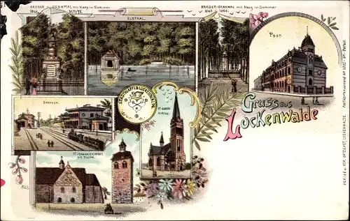 Litho Luckenwalde, Elstal, Post, Kriegerdenkmal, Bahnhof, St. Johanniskirche
