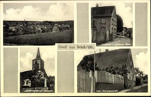 Ak Brück Dettelbach Unterfranken, Panorama, Kirche, Denkmal, Gasthaus zum goldenen Stern, Geschäft