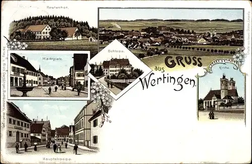 Litho Wertingen in Schwaben, Kirche, Schloss, Reutenhof, Marktplatz, Hauptstraße, Totale