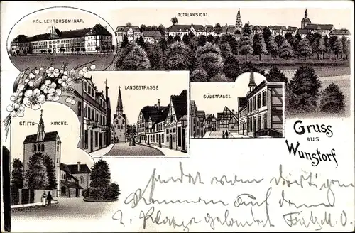 Litho Wunstorf in Niedersachsen, Lehrerseminar, Stiftskirche, Langestraße, Südstraße, Totalansicht