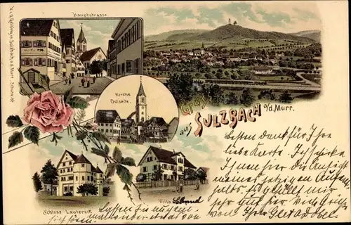 Litho Sulzbach an der Murr, Hauptstraße, Kirche, Schloss Lautereck, Villa Dunz, Panorama