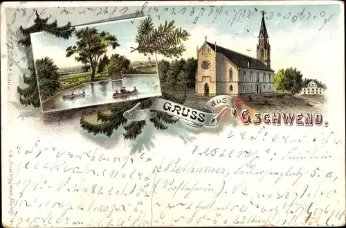 Litho Gschwend Ostalbkreis, Kirche, Teich