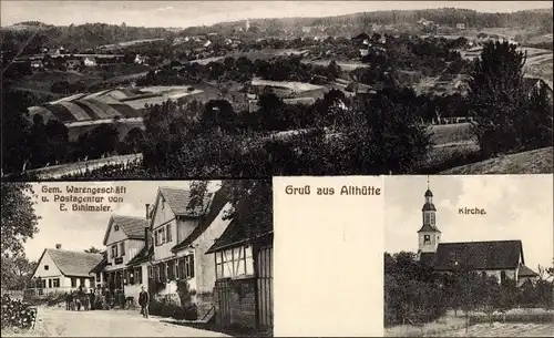 Ak Althütte in Württemberg, Panorama, Geschäftshaus und Postagentur E. Bihlmaier, Kirche