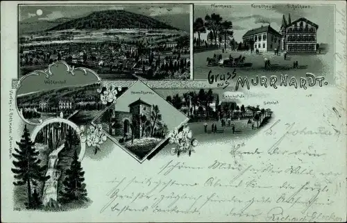 Mondschein Litho Murrhardt in Württemberg, Pfarrhaus, Forsthaus, Schule, Hexenturm, Bahnhofstraße