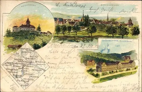 Litho Oppenweiler in Württemberg, Gesamtansicht, Schloss Reichenberg, Volksheilstätte Schiffrain