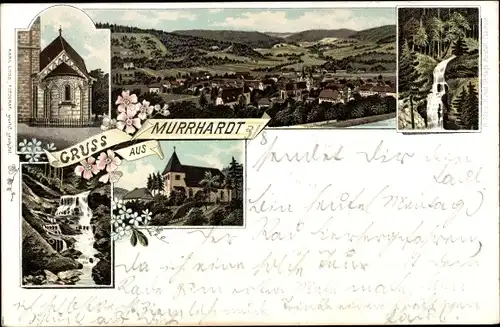 Litho Murrhardt in Württemberg, Gesamtansicht, Kirche, Wasserfall