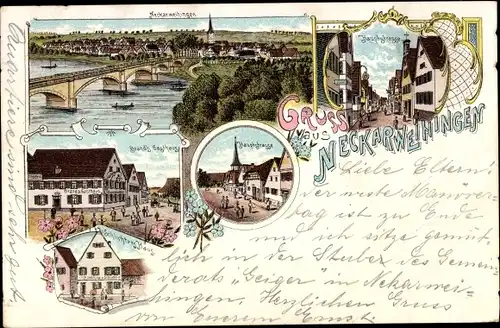 Litho Neckarweihingen Ludwigsburg in Württemberg, Hauptstraße, Brands Gasthaus, Schlichtweg-Haus