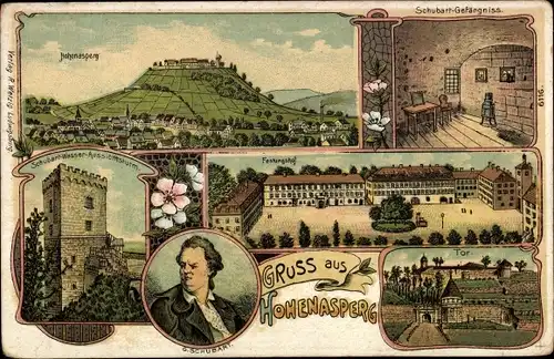 Litho Asperg in Württemberg, Festung Hohenasperg, Gefängnis C. Schubart, Wasserturm