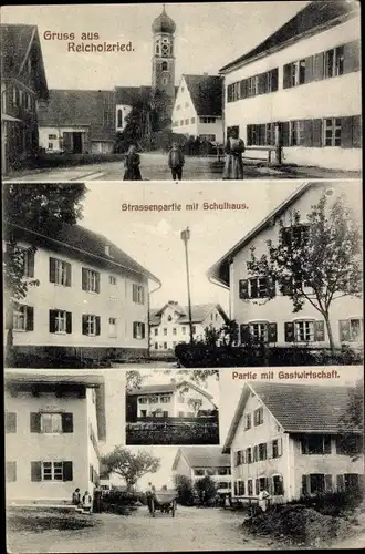 Ak Reicholzried Dietmannsried im Oberallgäu, Kirche, Straßenpartie, Schulhaus, Gastwirtschaft