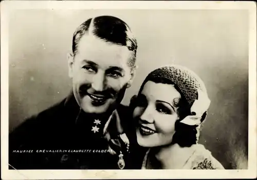 Ak Schauspielerin Claudette Colbert, Schauspieler Maurice Chevalier, Portrait