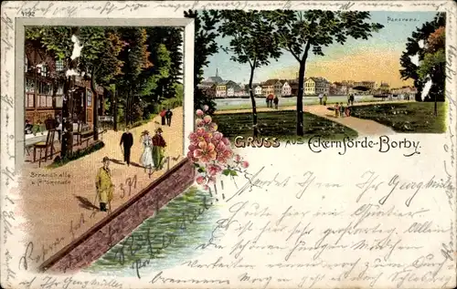 Litho Ostseebad Borby Eckernförde, Panorama, Strandhalle, Promenade