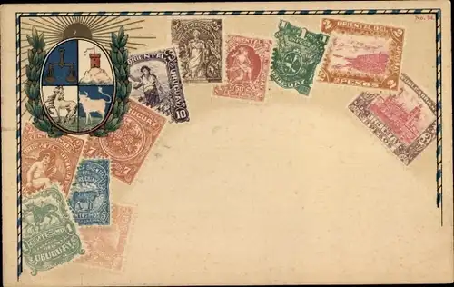 Präge Wappen Briefmarken Ak Uruguay, 2 Pesos, 3 Pesos