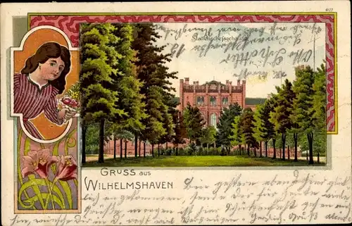 Jugendstil Passepartout Litho Wilhelmshaven an der Nordsee, Stationschefsgebäude