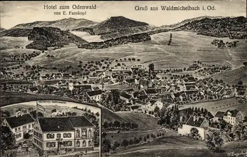 Künstler Ak Waldmichelbach Wald Michelbach im Odenwald Hessen, Gesamtansicht, Hotel zum Odenwald