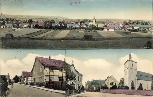 Ak Rosdorf in Niedersachsen, Panorama, Kirche, Straßenpartie