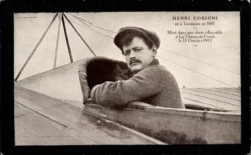 Ak Flugpionier Henri Cobioni, Tod bei Absturz 1912, Trauerkarte