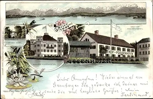 Litho Possenhofen Pöcking am Starnberger See Oberbayern, Gasthof Possenhofen, Schloss, Roseninsel