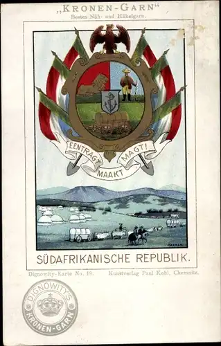 Wappen Litho Südafrikanische Republik, Adler, Löwe, Anker, Fahnen, Reklame Dignowitys Kronen-Garn