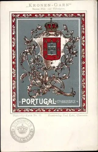 Wappen Litho Portugal, Königreich, Krone, Reklame Dignowitys Kronen-Garn