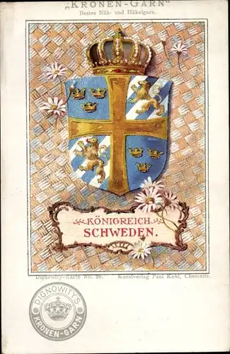 Wappen Litho Königreich Schweden, Margeriten, Krone, Reklame Dignowitys Kronen-Garn