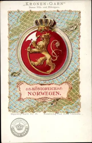 Wappen Litho Königreich Norwegen, Reklame Dignowitys Kronen-Garn